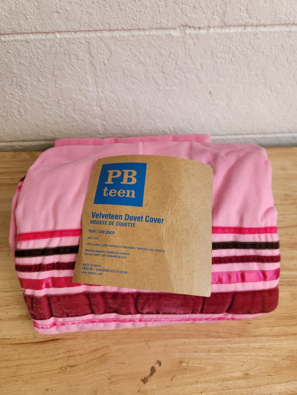 Pottery Barn Teen Velveteen Pink Duvet Cover Sz Twin Velvet Ribbon NOS Cotton